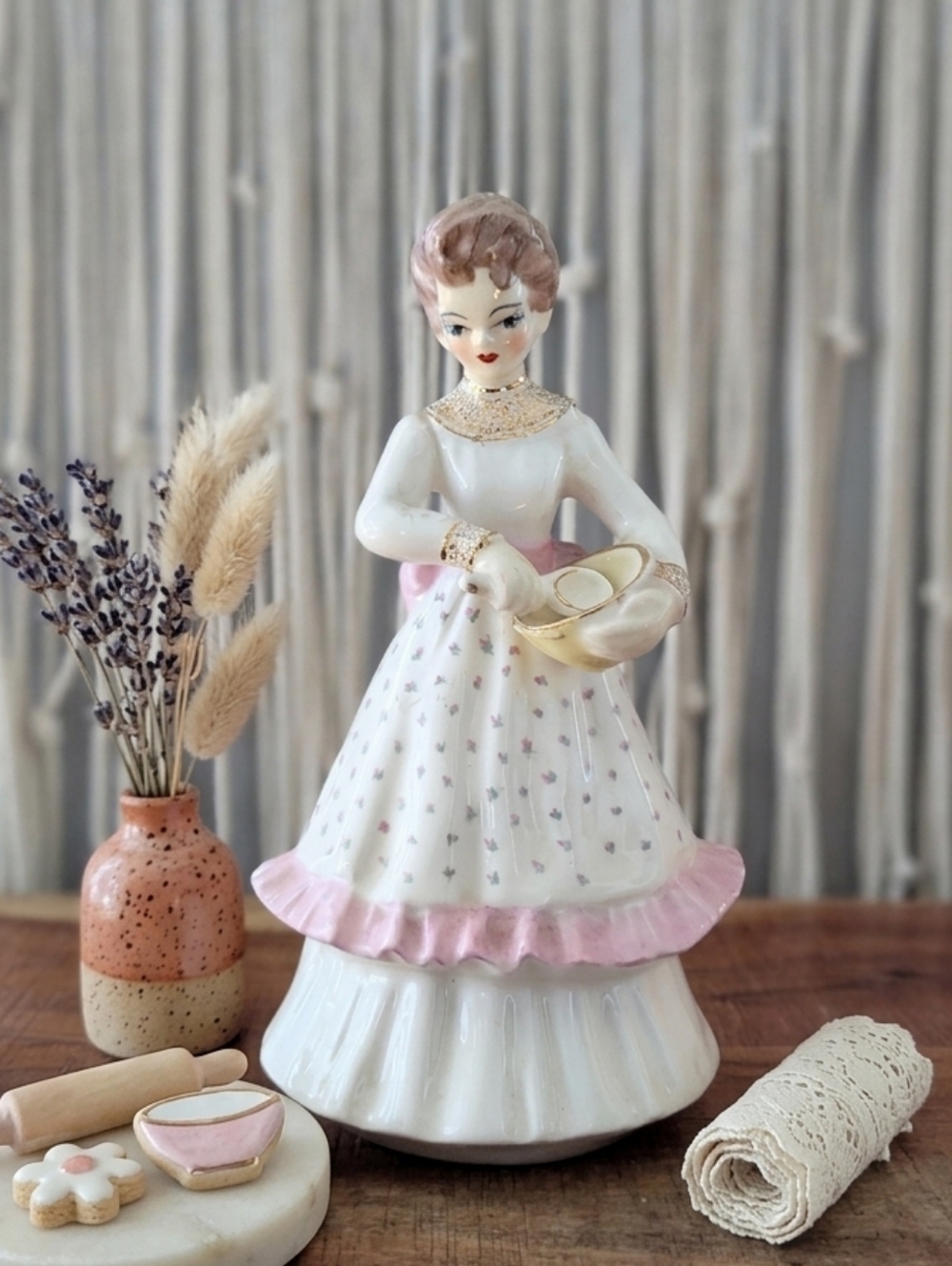 Vintage Mid-Century Ceramic Lady Figurine - Mixing Bowl & Pink Floral Apron - 7"